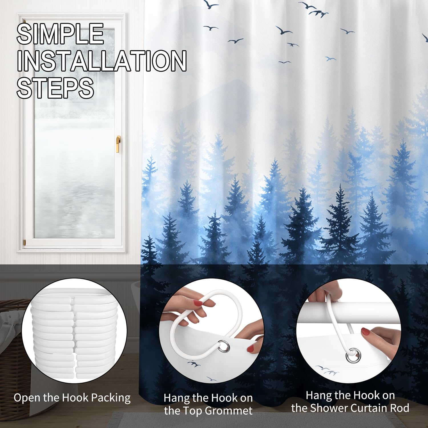 ChloropLastid Mountain Forest Shower Curtain Nature Blue Woodland Foggy Tree Mountain Waterproof Fabric Bath Curtain Decorative Pine Tree Fog Magic Bath Curtains for Home 72x72 inch