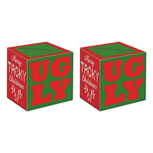 Beistle 2 Pieces Ugly Sweater Ballot Boxes with Ballots, 9" x 9", Red/Green/White