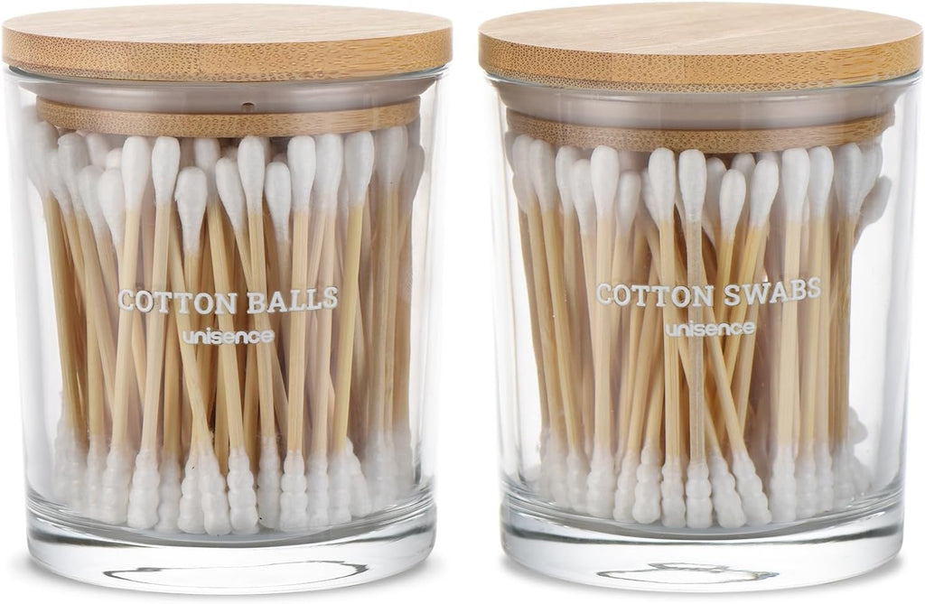Skiennix Glass Qtip Holder Set - 2 Pack Bathroom Organizer with Lid for Cotton Swabs & Makeup Storage