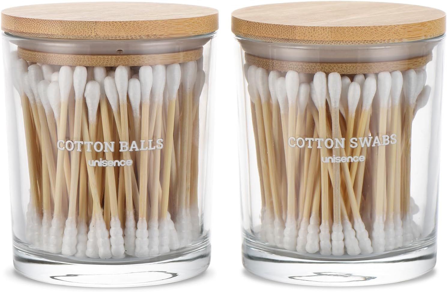 Skiennix Glass Qtip Holder Set - 2 Pack Bathroom Organizer with Lid for Cotton Swabs & Makeup Storage