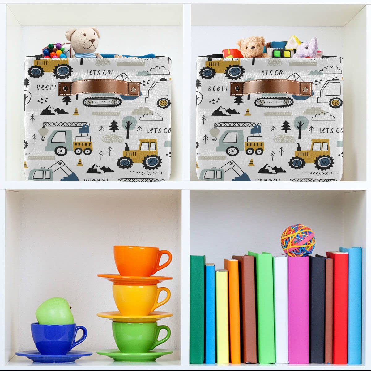Wamika Excavator Truck Toy Storage Basket Fabric Kitchen Baskets Cars Boys Toys Open Home Storage Bins Boxes Foldable Organizer Bag for Baby Cloth Book Shelf Closet Baskets 16×12×8 Inches