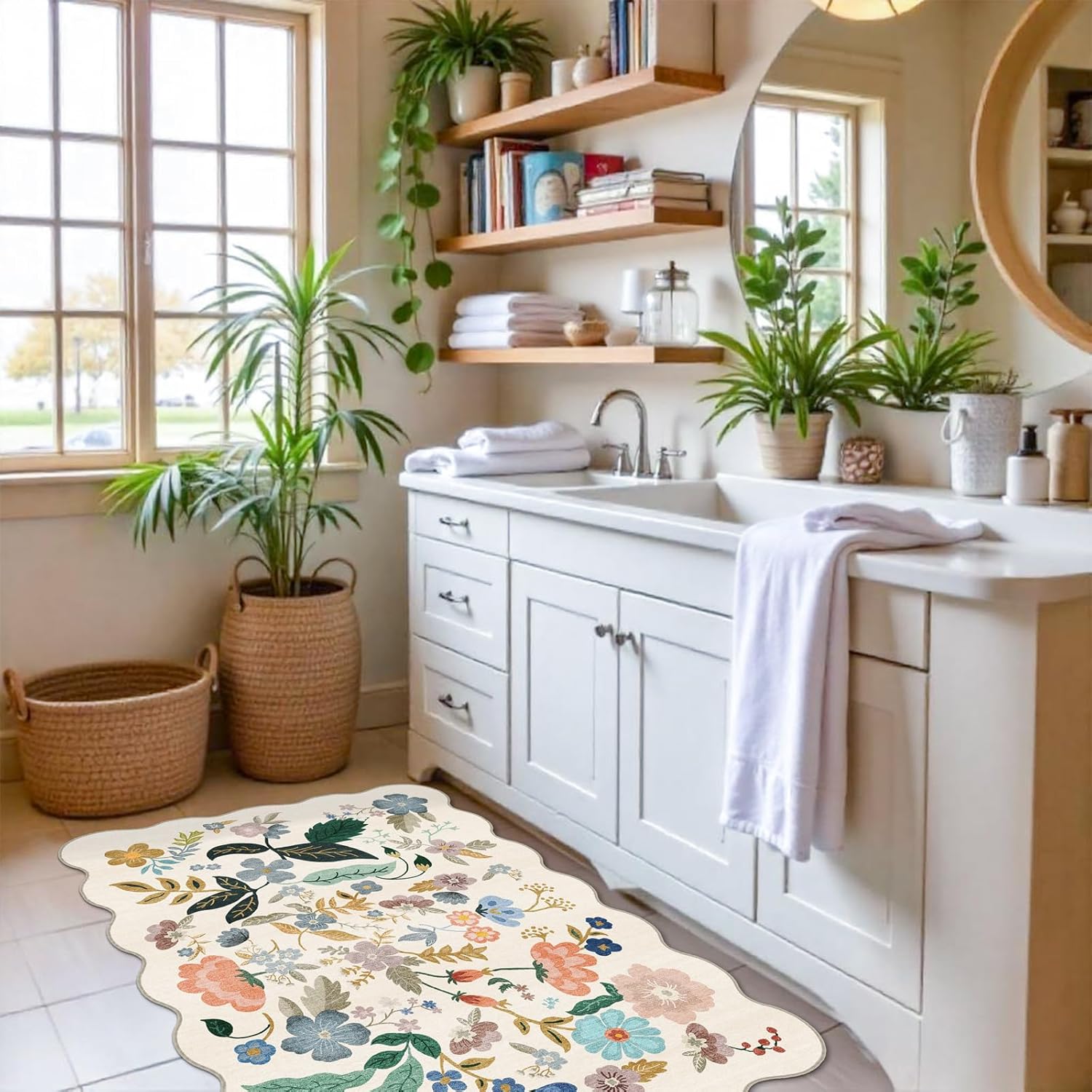 Skiennix Washable 2x3 Entryway Rug - Floral Non-Slip Water-Resistant Soft Carpet for Indoor Use (Cream)