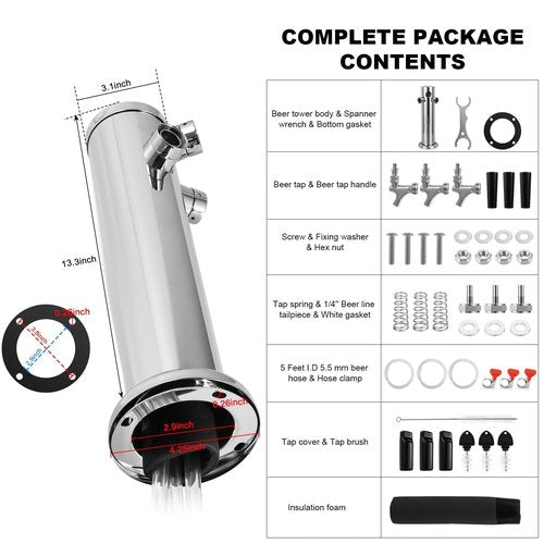 Dbgogo All Stainless Steel Triple Tap Draft Beer Tower, 3” Flange Self-Closing Beer Tap Tower Kegerator Tower Keg Tap Dispenser 1/4'' Barb Fitting Kit for Kegerator Countertop Installation
