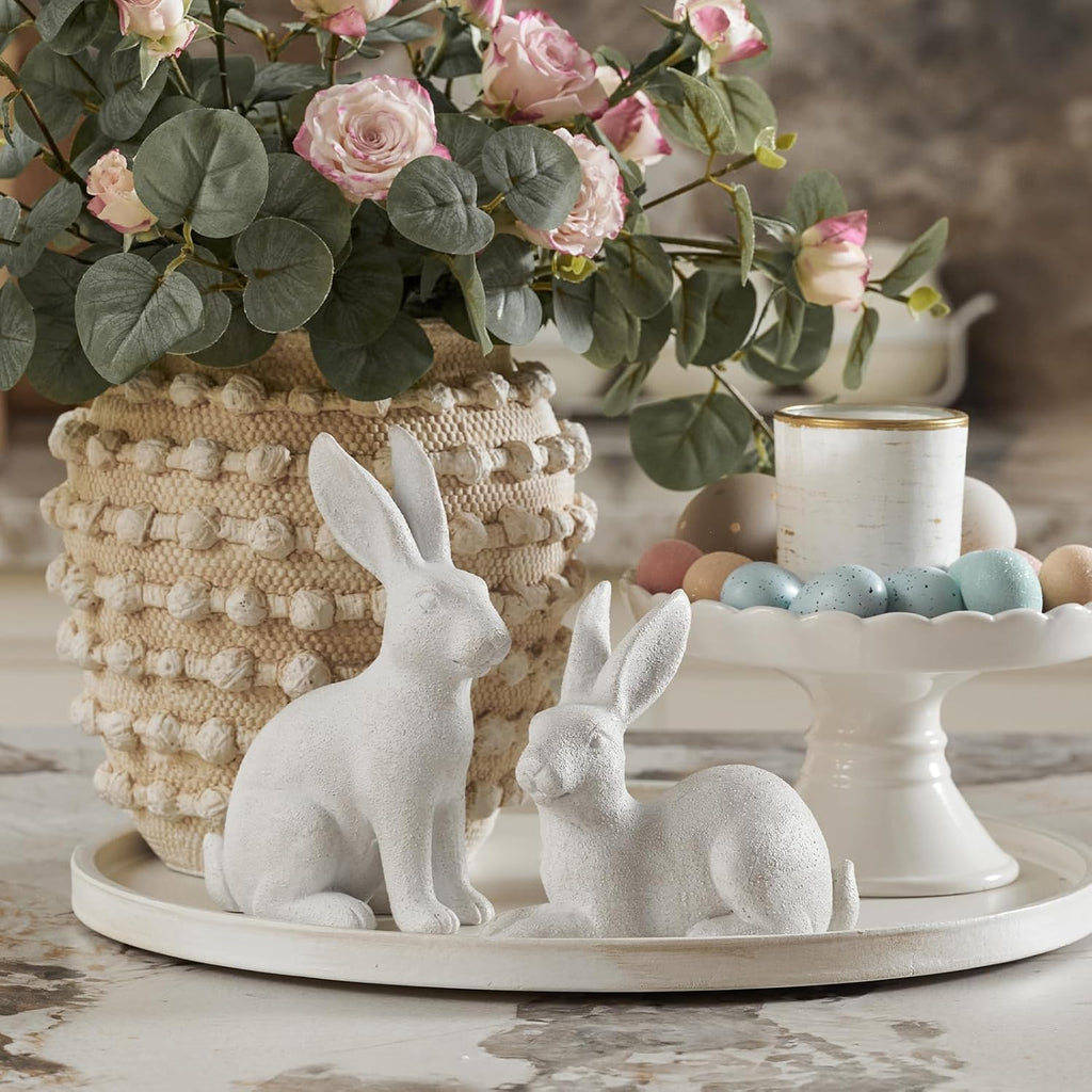 Skiennix White Frosted Resin Bunny Figurines - Set of 2 Decorative Rabbit Statues for Easter Home Decor