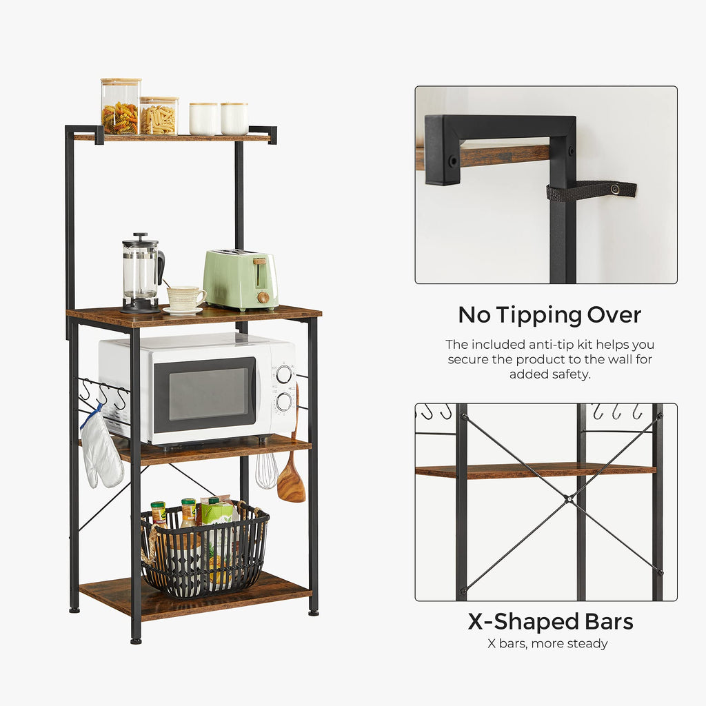 VASAGLE Kitchen Storage, Bakers Rack, Coffee Bar, 3-Tier Shelf, 6 S-Hooks, for Microwave, Spice Jars, Pots and Pans, Industrial, Rustic Brown and Black UKKS023B01