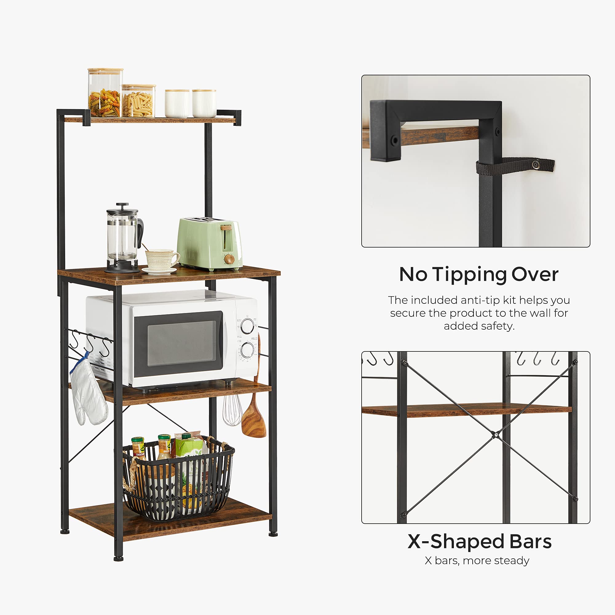 VASAGLE Kitchen Storage, Bakers Rack, Coffee Bar, 3-Tier Shelf, 6 S-Hooks, for Microwave, Spice Jars, Pots and Pans, Industrial, Rustic Brown and Black UKKS023B01