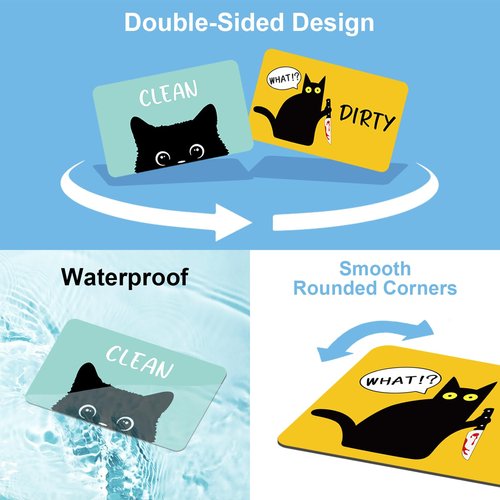 Funny Black Cat Cartoon Clean Dirty Dishwasher Magnet, Washing Machine Magnets Flip, Cute Cat Refrigerator Clean Dirty Sign, Double Sided Reversible Non Scratch Dish Washer Magnet Sign (Green&Yellow)