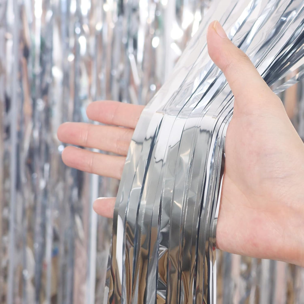 Voircoloria Foil Fringe Backdrop Curtains - 3.3 x 6.6 Ft Silver Tinsel Streamers for Parties & Events