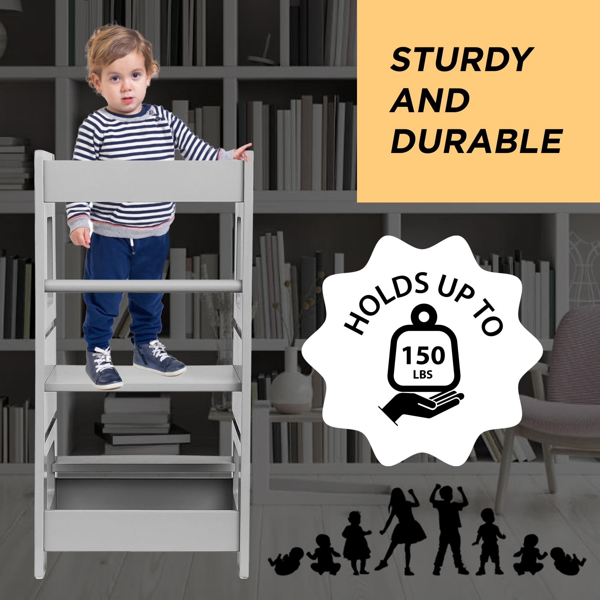 FOSSICS Stool Buddy Child Step Stool Tower for Kids | Toddler Wood Stepping Stool with Safety Rail | 3 Adjustable Heights | for Kids use in Kitchen or Bathroom [Grey]