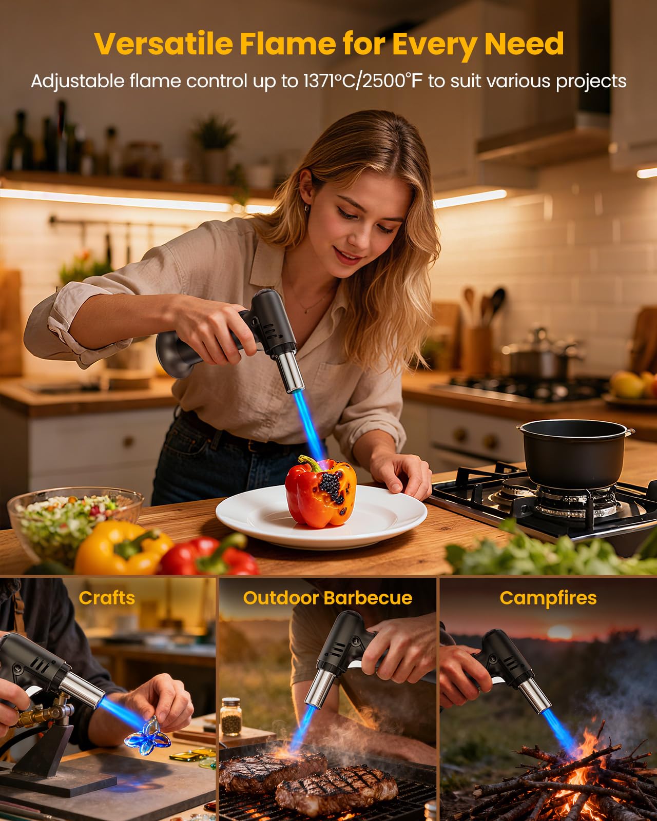 Kollea Butane Torch with Fuel Gauge T907, One-hand Operation Culinary Blow Torch Lighter with Safety Lock & Adjustable Flame for Cooking, Baking, Creme Brulee, Food Desserts (Butane Gas Not Included)