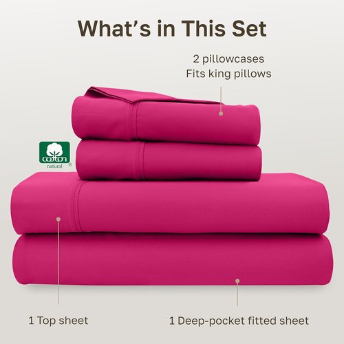 California Design Den King Size Cotton Sheet Set - 100% Long Staple Cotton, 400 Thread Count, Silky Sateen - Hot Pink