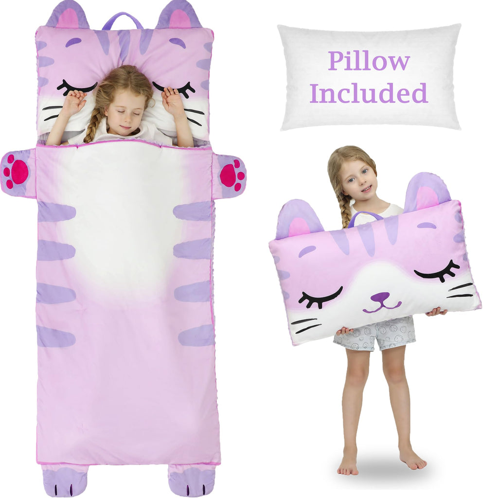 Wizland Kids Sleeping Bag Girls Daycare Mat Flannel Kitty Nap Preschool Rest Mats-Kindergarten, Fluffy Warm Portable Pink Nap Thick Nap Roll for Toddlers-61.8"×28.3"