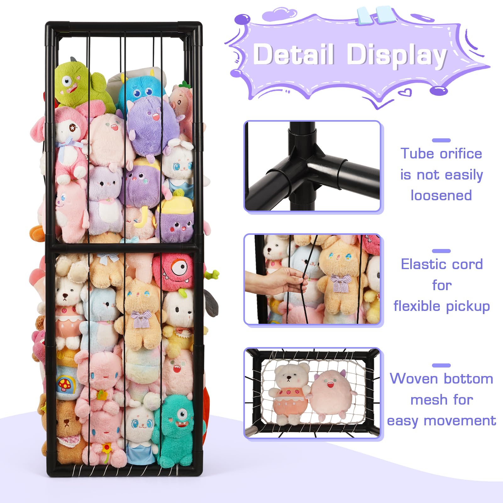 Trycooling Stuffed Animal Storage Zoo Stuffed Animal Holder Space Save Vertical Stuffed Animals Storage PVC with Elastic Band and Net for Playroom Bedroom Nursery (Black 1)