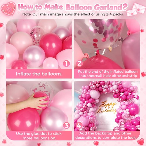 PTGOLUO Pink Balloons Garland Arch Kit 170pcs, Hot Pink Metallic Pink Shades of Pink Valentine's Day Balloons for Birthday Wedding Princess Theme Engagements Baby Shower Party Decorations