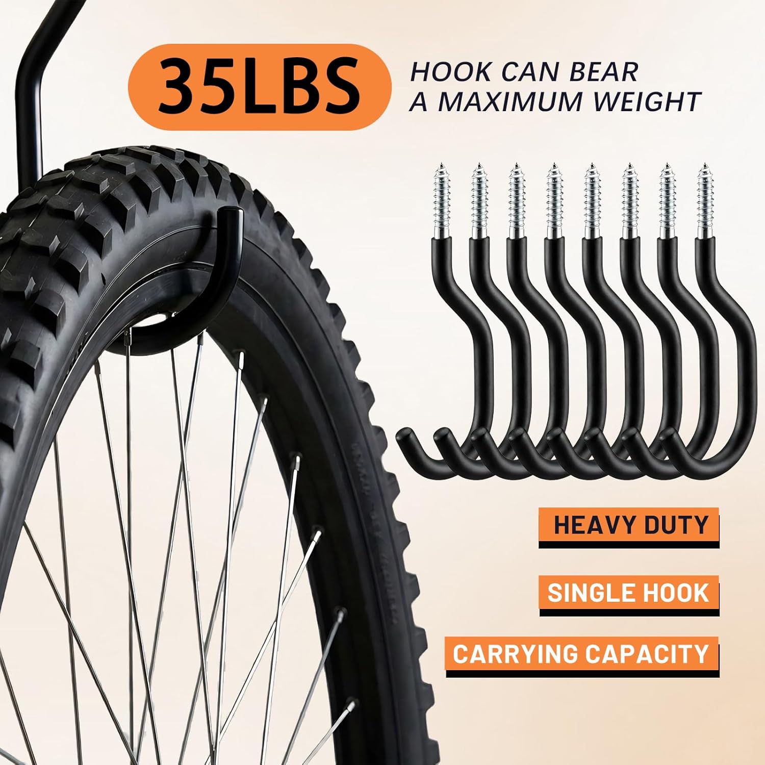 Skiennix Heavy Duty Bike Hooks - Rust Resistant Wall Mount Storage for Bicycles & Tools | 8-Pack