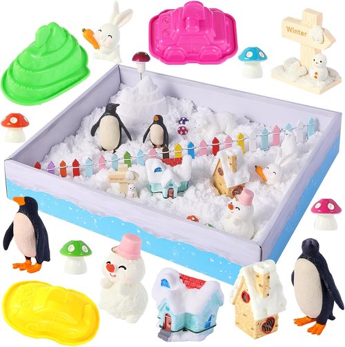FIIOEOY Snow Sensory Bin - Play Sand Art Kit with Arctic Animal Figures | Winter Wonderland Toy for Kids Ages 3-8