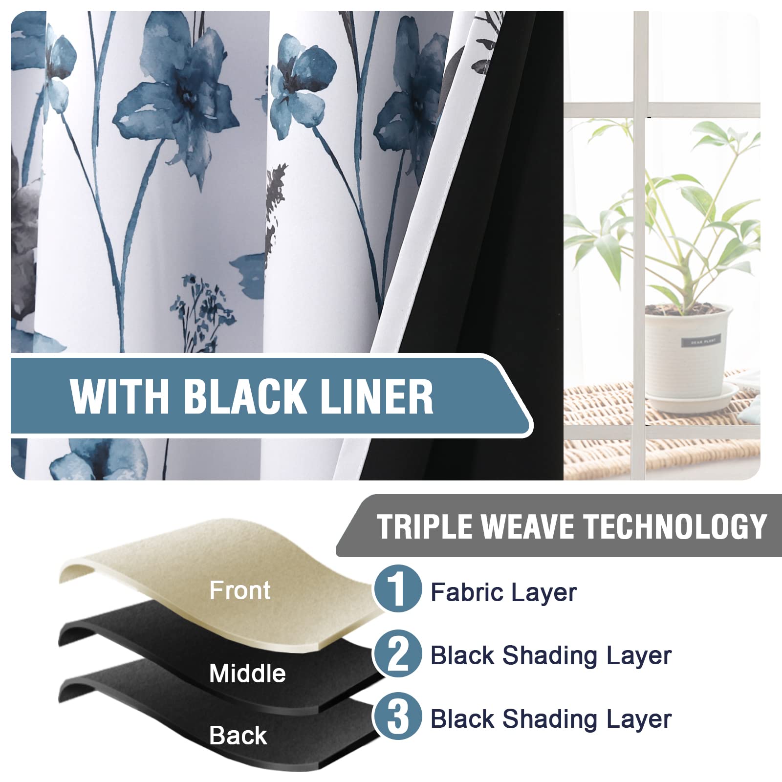 H.VERSAILTEX 100% Blackout Curtains 84 inch Length 2 Panels Set Cattleya Floral Printed Drapes Leah Floral Thermal Curtains for Bedroom with Black Liner Sound Proof Curtains, Grey and Blue