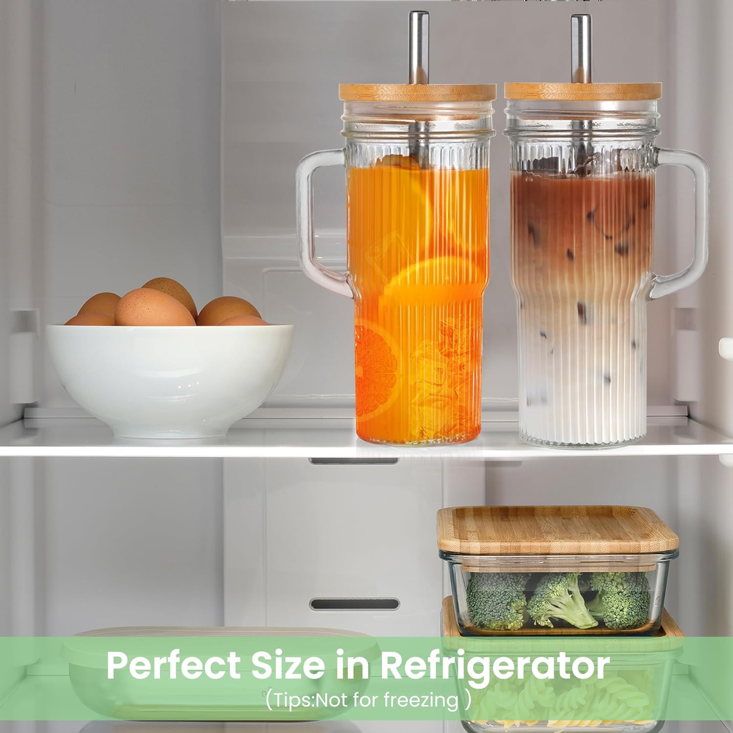 Birity 24oz Ribbed Glass Cup Set - Reusable Tumbler with Lids & Straws | Perfect for Iced Coffee, Smoothies & More