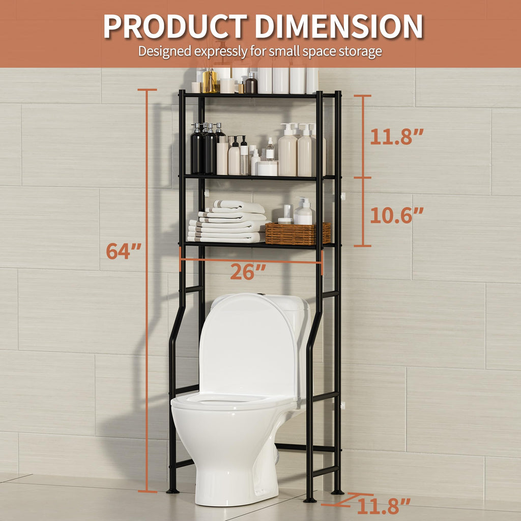 ASCENREST 3-Tier Over The Toilet Storage, Freestanding Metal Bathroom Shelves, Space Saver Above The Over Toilet Storage Shelf for Bathroom (Black)
