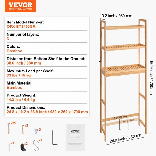 VEVOR Over The Toilet Storage, 3-Tier Adjustable Over Toilet Bathroom Organizer, Bamboo Storage Shelf Rack with 3 Hooks, Freestanding Easy Assembly Laundry Space Saver, Fit Most Toilets, Gray