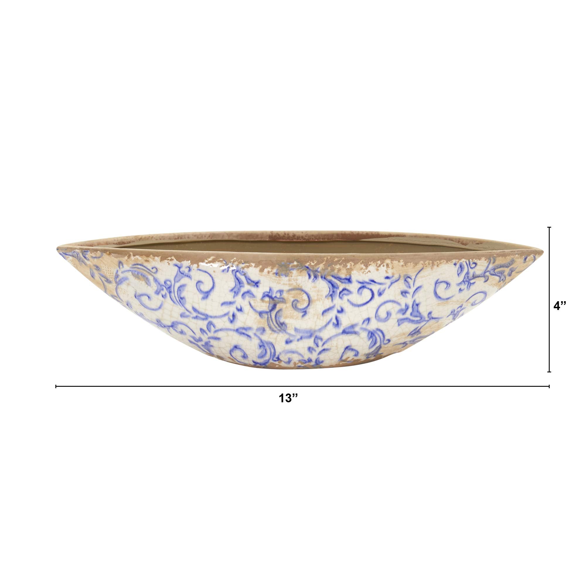 13in. Tuscan Ceramic Blue Scroll Decorative Bowl
