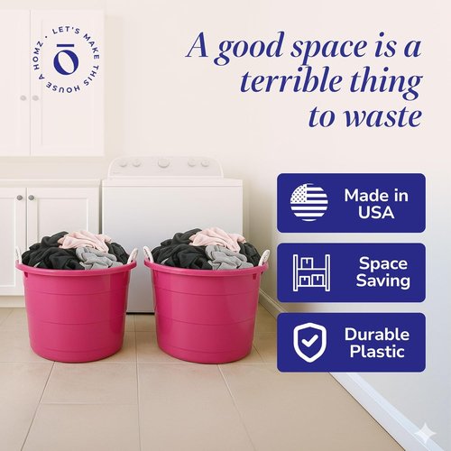 HOMZ 18 Gallon Utility Tub - Large Pink Plastic Storage Bucket with Rope Handles for Indoor/Outdoor Use