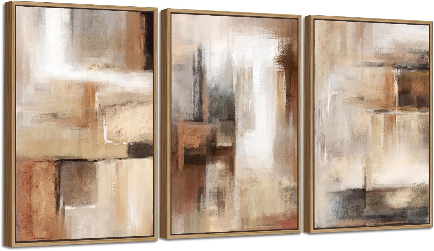 Skiennix Large Framed Canvas Wall Art - Brown Abstract Paintings for Living Room Decor | Set of 3 (48" x 24")