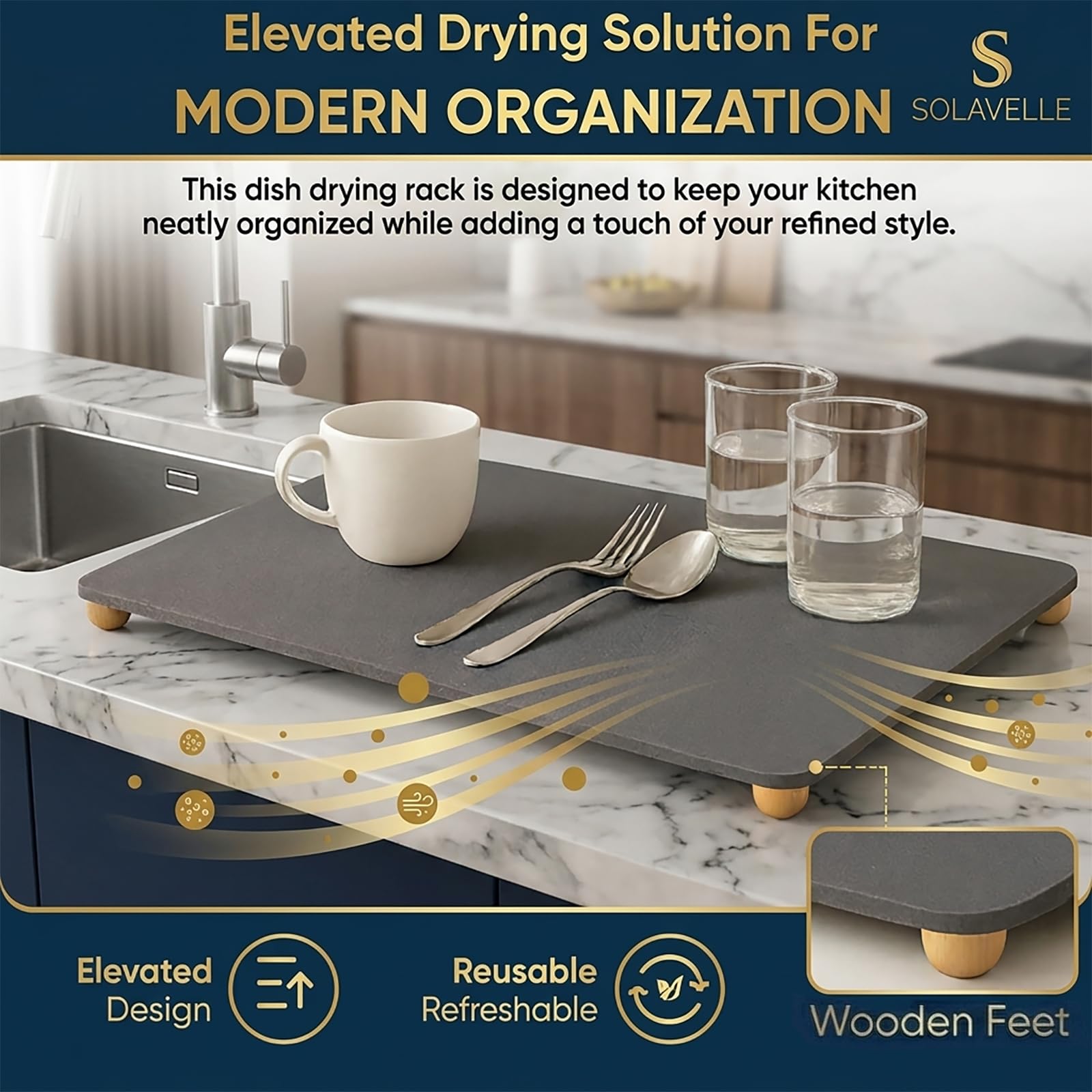 Stone Drying Mat for Kitchen Counter with 5 Wooden Feet, 19.7"×14.7" Diatomaceous Earth Dish Drying Mat, Elevated Drying Stone Mat for Modern Kitchen Countertop (Dark Gray, Standard-Solid)