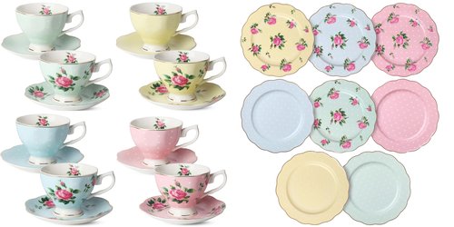 BTaT- Floral Tea Cups and Saucers, Set of 8, 8 oz and Porcelain Floral Plates, 8 inch, Set of 8
