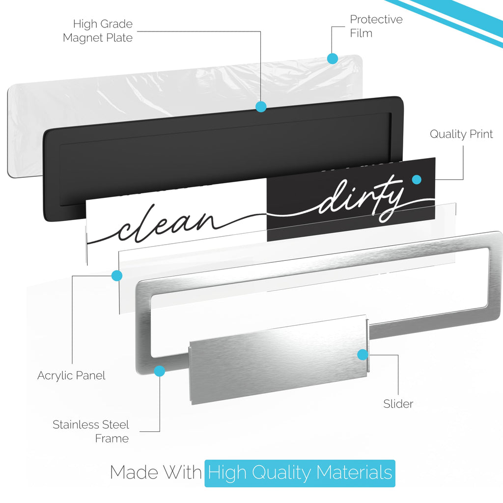 Stainless Steel Clean Dirty Magnet for Dishwasher, Black & White Script Dishwasher Magnet Clean Dirty Sign, Premium Clean/Dirty Dish Washer Magnets with Protective Backing, Rustic Kitchen Dish Sign