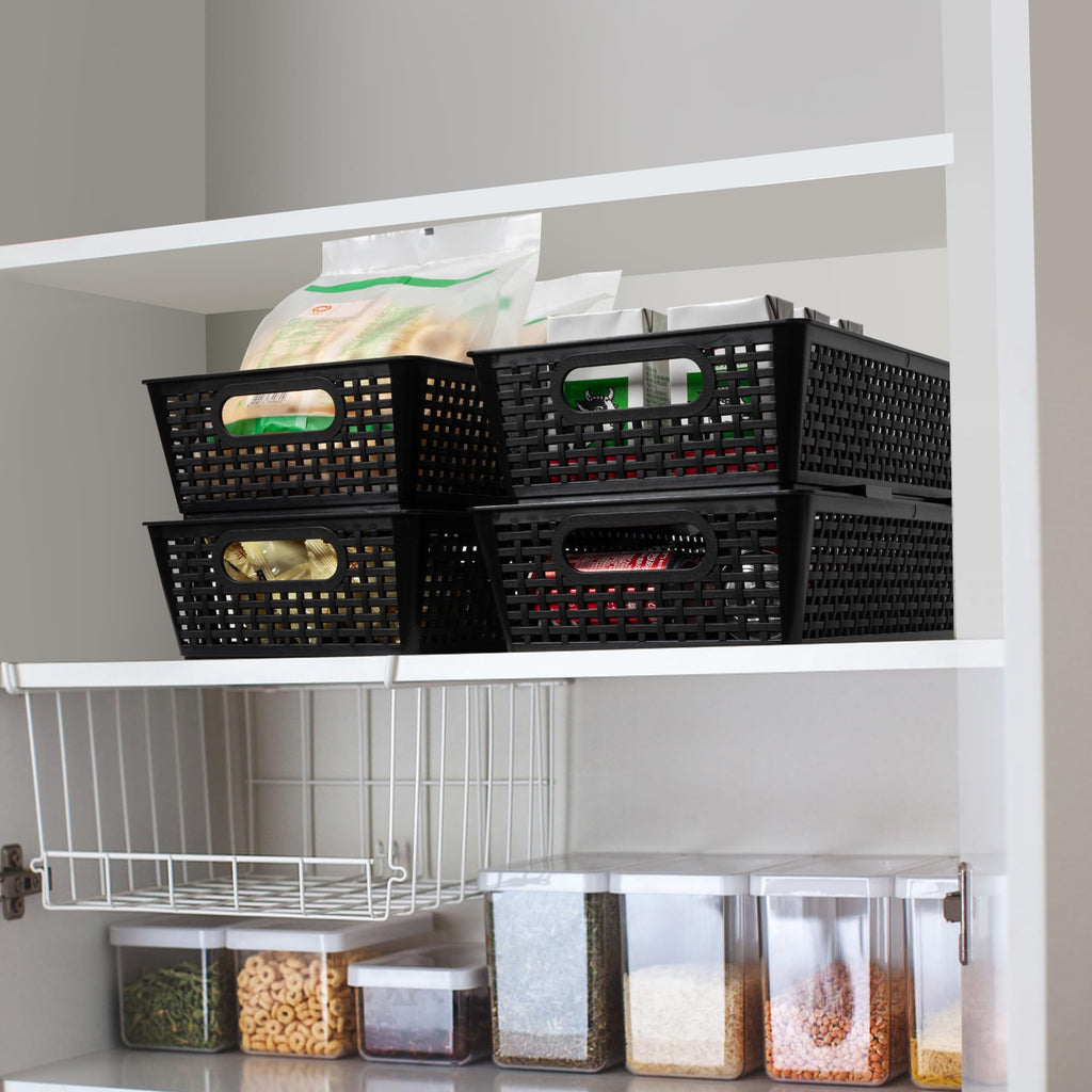 Tiawudi Stackable Woven Plastic Basket, Storage Bins for Cabinet, Closet, Shelf, Under Sink and Countertop, Pantry Organizer Bins, 6 Pack