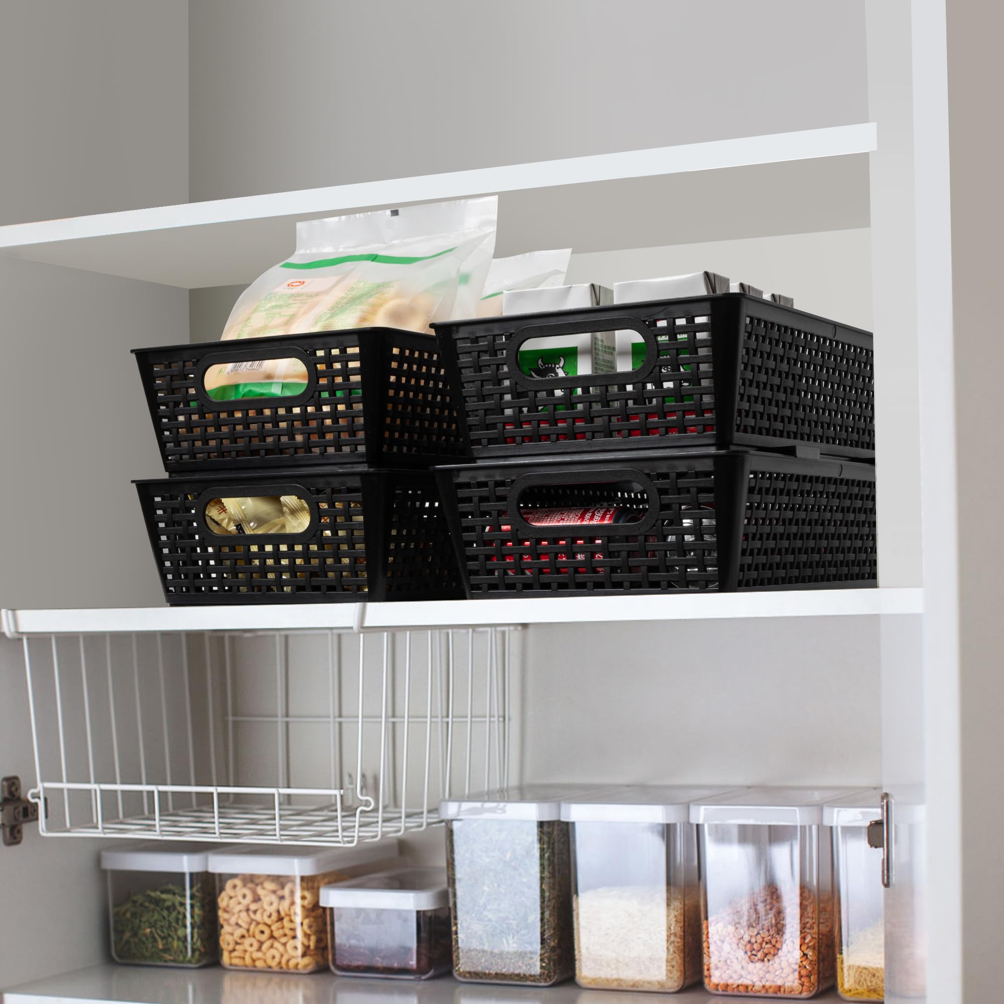Tiawudi Stackable Woven Plastic Basket, Storage Bins for Cabinet, Closet, Shelf, Under Sink and Countertop, Pantry Organizer Bins, 6 Pack