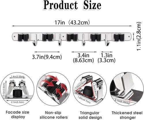 AceMining Mop and Broom Holder - 5 Racks & 4 Hooks Wall Mount Organizer | Heavy-Duty Stainless Steel