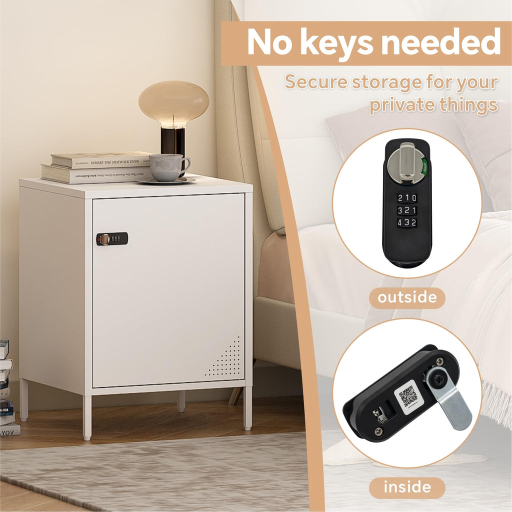 Steehoom Metal Locker End Table Single Door Nightstand Lockable Bedside Table Storage Cabinet for Bedroom, Dorm, 21.26”H X 15.75”W X 15.75”D (1 Door, White)