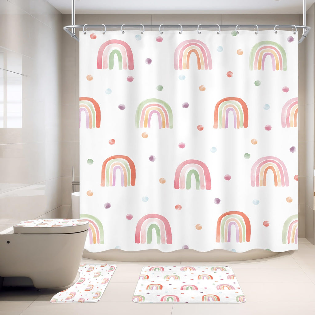 Ufeela 4 PCS Kids Girls Rainbow Shower Curtain Set 72Wx72H Inch, Bathroom Rug, Toilet Lid Cover, U Shape Mat, Boho Cute Pink Bathroom Set Nonslip Quick Dry Dirt Resistant Accessories Bathroom Decors