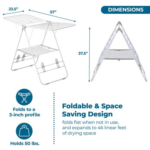 Honey-Can-Do Heavy-Duty Foldable Laundry Drying Rack – Portable Shoes & Clothes Rack for Indoor & Outdoor Use, Space-Saving Design, Easy to Fold Gullwing Design, Sturdy Metal, 50lb. Capacity, White