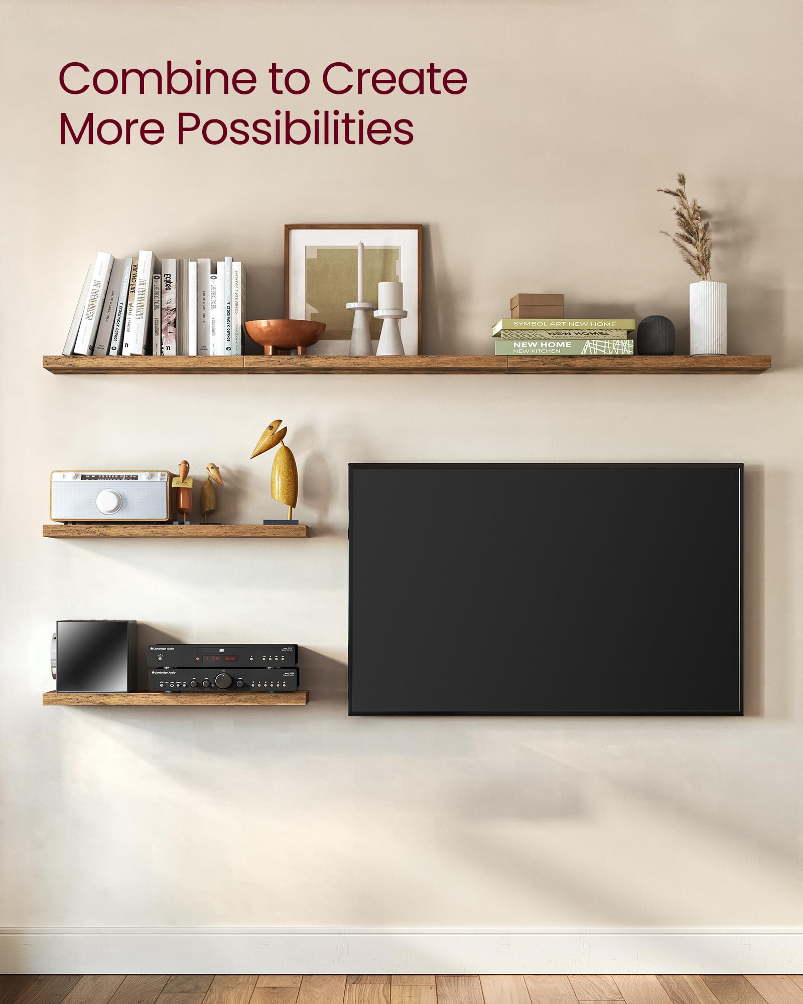 VASAGLE Wall Shelves Set of 2, Floating Shelves, Wall Mounted, 8 x 15.7 x 1.5 Inches, Display Shelves for Picture Frames, Wall Decor, Hanging Shelf for Living Room, Kitchen, Rustic Brown ULWS054B01
