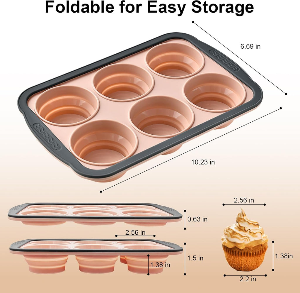 Skiennix Silicone Muffin Pans - Nonstick 6-Cup Baking Tray with Metal Frame | BPA-Free, Dishwasher Safe, Pink