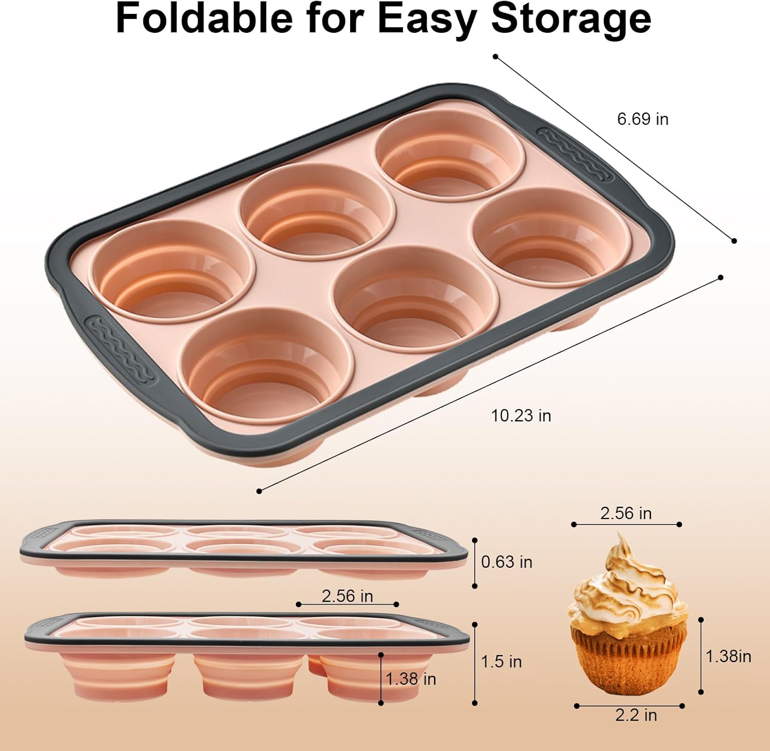 Skiennix Silicone Muffin Pans - Nonstick 6-Cup Baking Tray with Metal Frame | BPA-Free, Dishwasher Safe, Pink