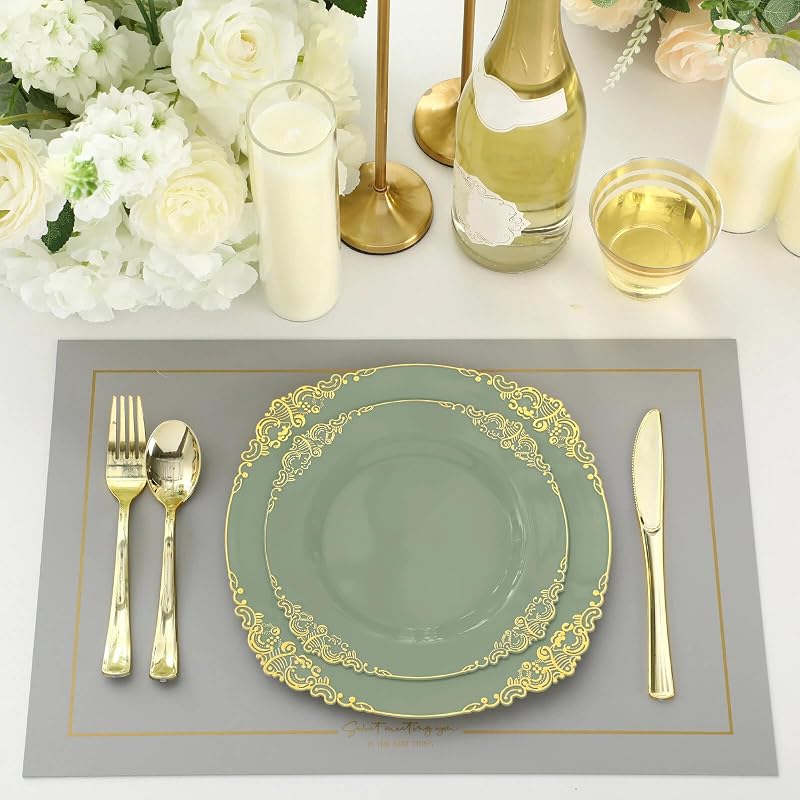 Umigy Sage Green Plastic Dinnerware Set with Gold Edges, 300 Pcs - Disposable Plates, Cutlery & Cups (Variation: Sage Green+300)