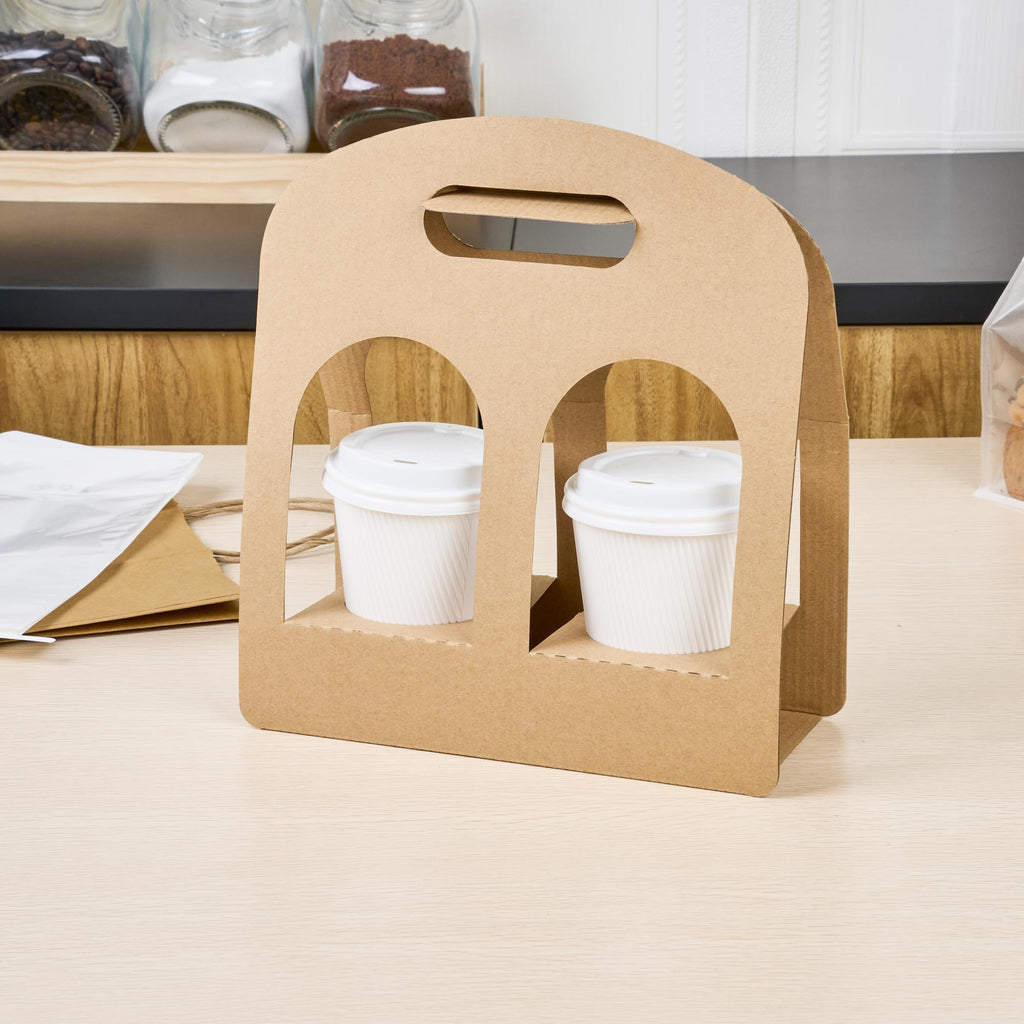 Restaurantware Bio Tek Drink Carriers 100 Disposable Cup Carriers With Handles - Holds 2 Cups For Delivery Or To Go Kraft Paper Drink Holders Built-In Handle Fits Multiple Beverages