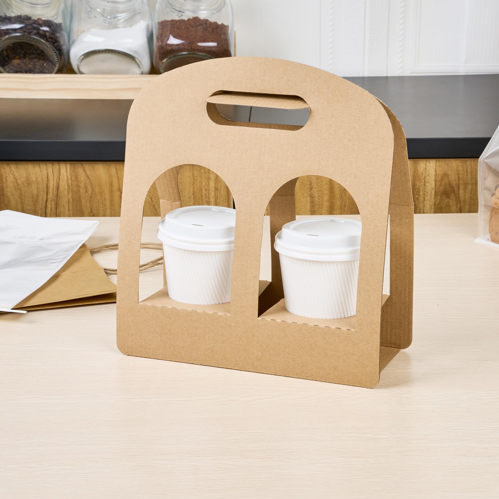 Restaurantware Bio Tek Drink Carriers 100 Disposable Cup Carriers With Handles - Holds 2 Cups For Delivery Or To Go Kraft Paper Drink Holders Built-In Handle Fits Multiple Beverages
