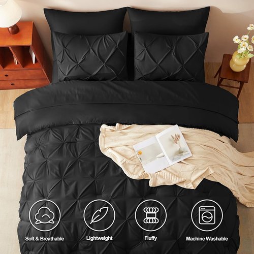 CozyLux Queen Comforter Set - 7-Piece Pintuck Bedding in Premium Black | Includes Comforter, Sheets & Pillowcases