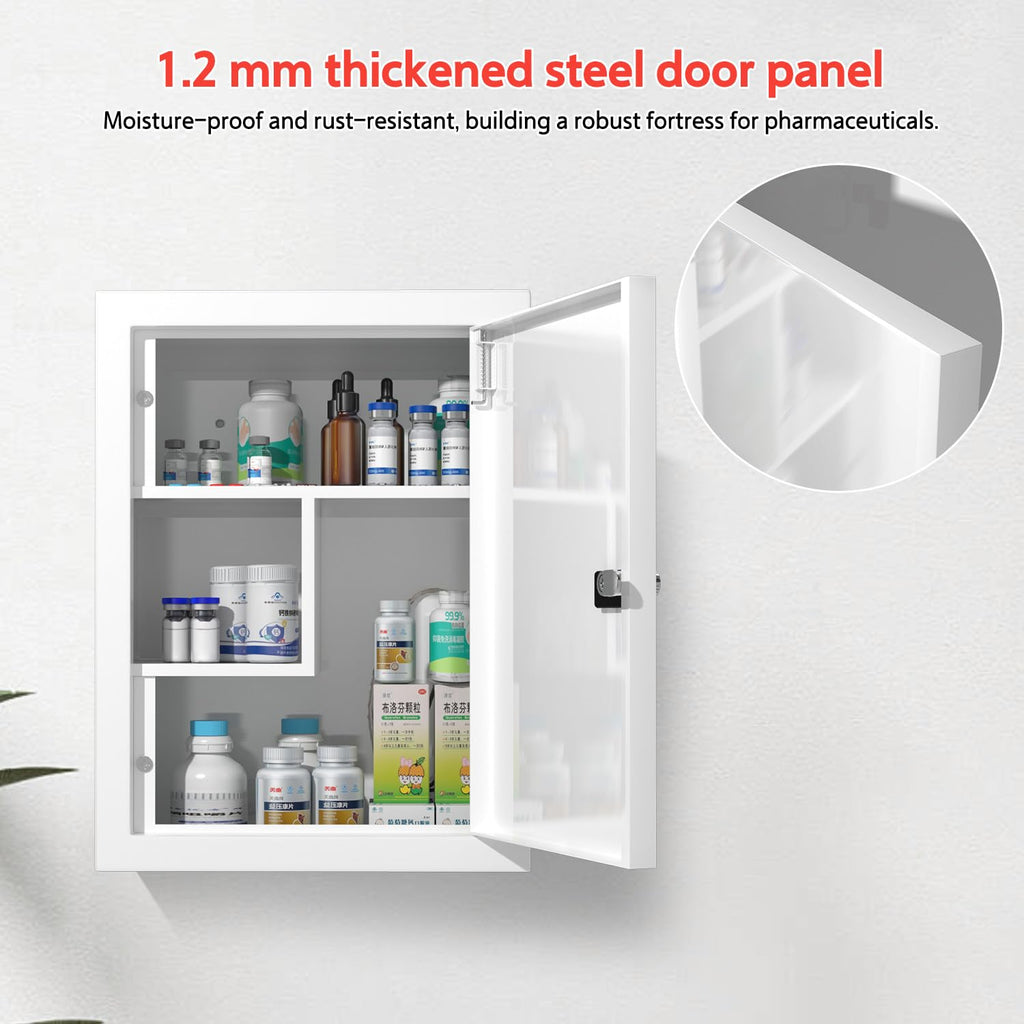 Wall-Mount Locking Medicine Cabinet: Large Metal Storage Organizer Box with Combination & Key Lock - First Aid Medicine Cabinet 3-Compartment Design for Bathroom Home (15.75" H x 11.82" W x 4.72" D)