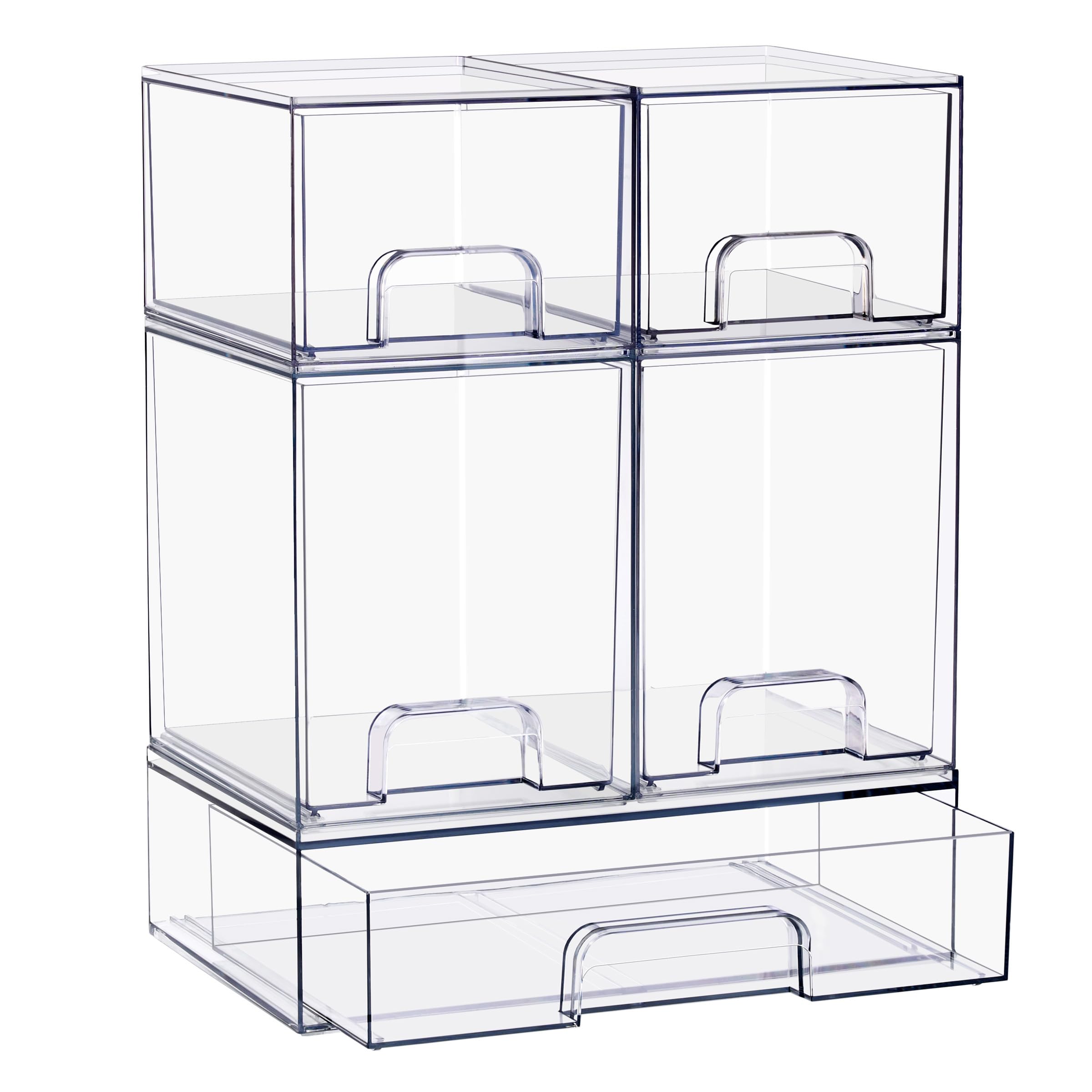 Sorbus Stackable Acrylic Storage Drawers – 2 Small + 2 Tall + 1 Wide – 5 Pack Clear Plastic Organizer Bins for Baby Bottles, Makeup, Bathroom & Vanity, Pull-Out Drawer Design for Kitchen Cabinets