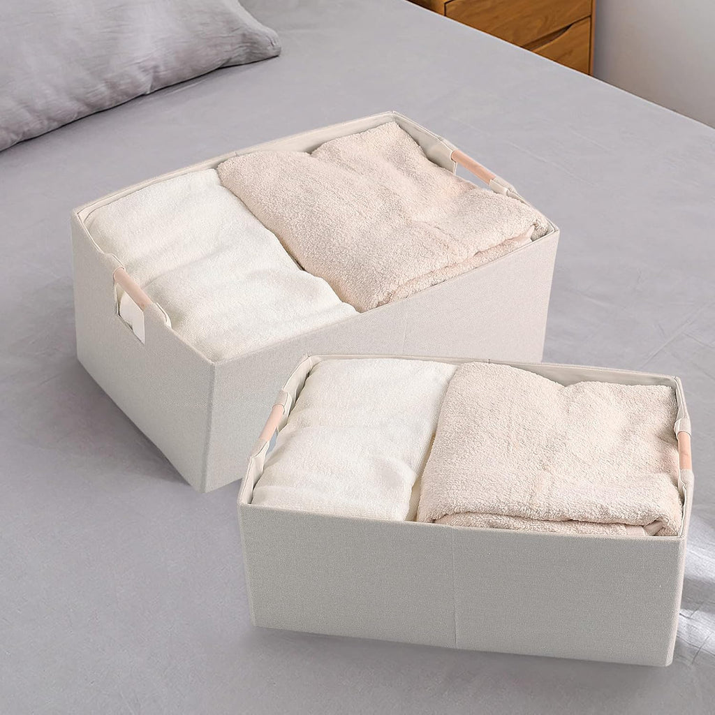 Skiennix Fabric Storage Bins - Foldable Cotton Linen Baskets with Wooden Handles | Small Beige 3-Pack