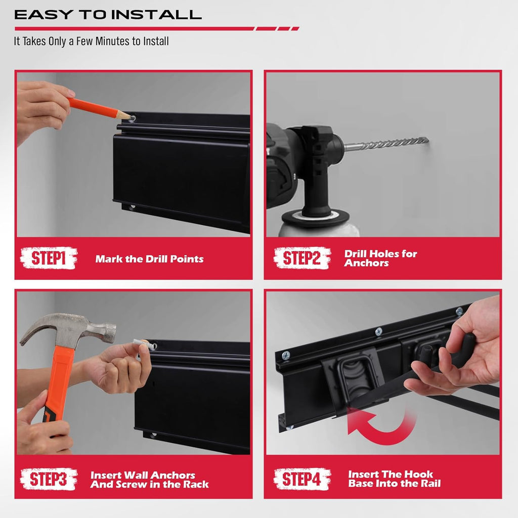 SEDY Heavy Duty Garage Storage Tool Organizer - Wall Mount Rack with Adjustable Hooks, 300lbs Capacity | Easy Installation (10 Hooks, 4 Rails, 3 Straps)