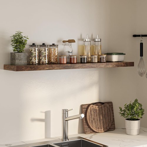 FLYJOE Floating Wall Shelf - Long Wooden Display Shelf with Invisible Brackets | 55"W x 9.3"D x 1.5"H, Rustic Brown