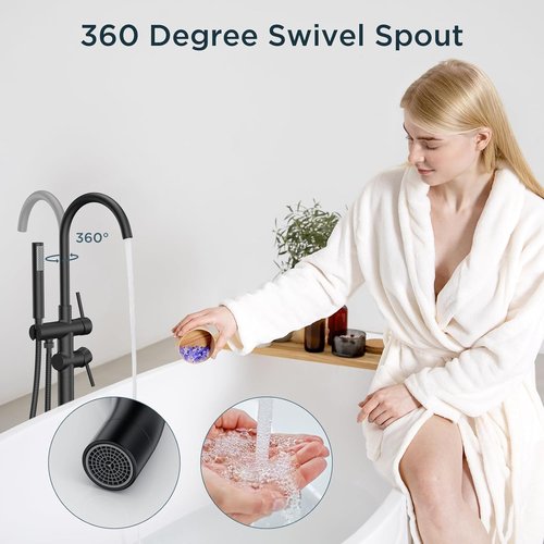 FORIOUS Freestanding Tub Faucet - High Flow Brass Bathtub Filler with Handheld Shower | Matte Black