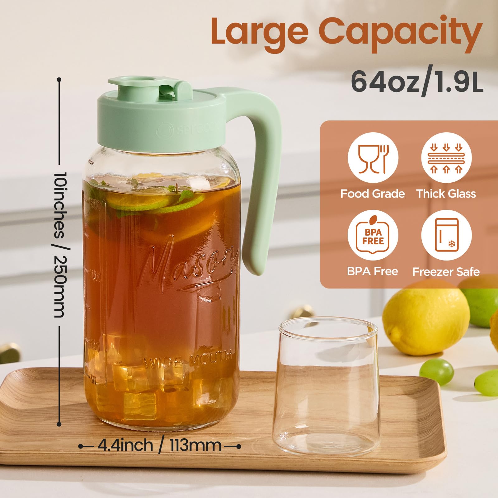 Spreccio Mason Jar Pitcher with Tea Filter, Airtight & Leakproof Glass Pitcher with Lid, 64 oz Sun Tea Glass Jar for Outside, Perfect for Sun Tea, Lemonade, and iced Tea